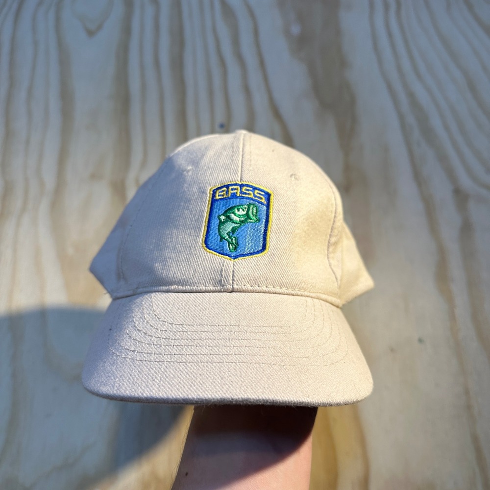 Bass Fishing Hat Mens One Size Tan Embroidered Logo Adjustable Cotton Cap